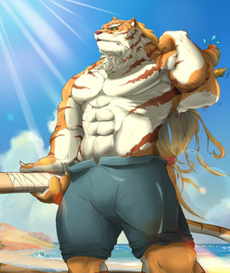 abs beach biceps biped bottomwear clothed clothing detailed_background duo feathers fur green_eyes hair holding_object horn humanoid_hands long_hair male markings multicolored_body multicolored_feathers multicolored_fur muscular muscular_male orange_body orange_feathers orange_fur pecs sea seaside solo striped_body striped_fur striped_markings striped_tail stripes sun tail tail_markings topless two_tone_body two_tone_feathers two_tone_fur water white_body white_fur dogesleepless sdorica pang_(sdorica) puggi avian felid mammal pantherine tiger 2019 hi_res