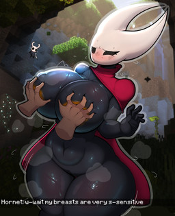 ambiguous_gender areola big_breasts biped black_body black_eyes blush bodily_fluids breast_fondling breast_play breasts cloak cloak_only clothing curvy_figure dialogue disembodied_hand female fondling genitals group hand_on_breast huge_breasts nipples non-mammal_breasts non-mammal_nipples orange_areola solo_focus sweat text thick_thighs trio voluptuous vulva white_body wide_hips foxgumie hollow_knight_(franchise) microsoft minecraft mojang team_cherry xbox_game_studios hornet_(hollow_knight) the_knight_(hollow_knight) arthropod human humanoid mammal vessel_(species) 2025 crossover english_text hi_res female_(lore) nonbinary_(lore)