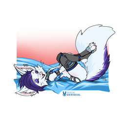 anthro clothing eyeshadow female fur hair legwear lying makeup on_back one_eye_closed open_mouth pawpads pink_nose pink_pawpads purple_eyeshadow purple_hair solo thigh_highs tongue topwear whisker_spots whiskers white_body white_fur wink kiaun adra_(tiddles) canid canine fennec_fox fox mammal true_fox 1:1 2026 hi_res