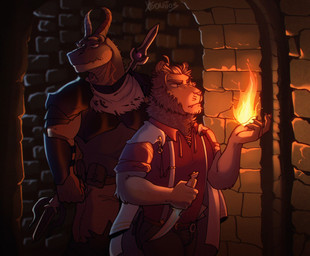 2_horns anthro armor belt belt_pouch black_clothing black_shirt black_topwear bottomwear breastplate brown_body brown_scales clothing dagger dim_lighting dungeon duo elemental_manipulation fire fire_manipulation holding_dagger holding_melee_weapon holding_object holding_weapon horn inside magic_user male melee_weapon overbite pants pauldron polearm red_clothing red_shirt red_topwear scales serious shirt spear topwear underbite vambrace weapon weapon_on_back xeoniios mythology orion_(xeoniios) ryzz_(xeoniios) dragon felid lion mammal mythological_creature mythological_scalie pantherine scalie wingless_dragon 2020 absurd_res digital_media_(artwork) hi_res signature
