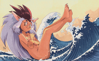 anthro breasts brown_hair butt feet female forehead_gem fur gem grey_hair hair humanoid_feet humanoid_hands looking_at_viewer medium_breasts navel nude plantigrade sea side_view simple_background solo surfing tan_body tan_fur water wave yellow_background yellow_eyes edtropolis tenchi_muyo the_great_wave_off_kanagawa ryo-ohki domestic_cat felid feline felis mammal 16:10 2024 archived_source hi_res signature widescreen