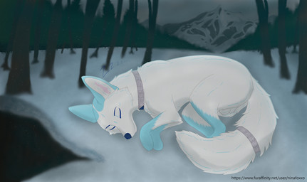 ball_tuft balls blue_body blue_fur cave collar digitigrade feral fur genitals gloves_(marking) leg_markings male male_feral markings mountain nature night outside plant quadruped sleeping snow snowing socks_(marking) solo tail text tree tuft white_body white_fur ninafoxxo bruma_(ninafoxxo) arctic_fox canid canine fox mammal true_fox absurd_res hi_res url