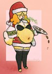 anthro belly big_belly big_breasts bloated bra breasts burping christmas_clothing clothing cookie costume dessert eggnog female food holidays legwear onomatopoeia open_mouth overweight overweight_female rumbling_stomach santa_costume solo sound_effects stuffing text thick_thighs thigh_highs underwear weight_gain damndirtierdog animal_crossing christmas nintendo nintendo_switch isabelle_(animal_crossing) canid canine canis domestic_dog mammal absurd_res hi_res