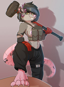 anthro breast_squish breasts clothing female hammer ineffective_clothing nipple_slip plate_carrier sledgehammer solo squish tools witchtaunter escape_from_tarkov notde_(character) american_opossum mammal marsupial hi_res