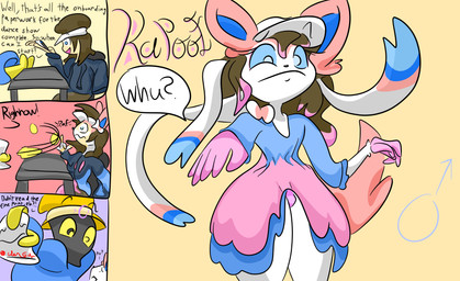 anthro bulge clothed clothing contract crossdressing deal duo femboy forced forced_crossdressing magic_user male text transformation andetheslayer nintendo pokemon eeveelution generation_6_pokemon human humanoid mammal pokemon_(species) sylveon absurd_res comic english_text hi_res