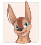 ambiguous_gender anthro black_nose blue_eyes brown_body brown_fur ear_piercing fur looking_at_viewer open_mouth open_smile piercing simple_background smile solo tongue louart kangaroo macropod mammal marsupial 2024 absurd_res dated digital_media_(artwork) hi_res signature