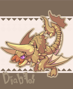 ambiguous_feral ambiguous_gender big_horn bone_frill chibi clubbed_tail feral frill_(anatomy) horn open_mouth orange_tongue outline pupils purple_eyes raised_tail side_view slit_pupils solo spikes spikes_(anatomy) tail tan_outline text tongue tusks weapon_tail mukomizu_kintora capcom european_mythology monster_hunter mythology diablos_(mh) dragon flying_wyvern mythological_creature mythological_scalie scalie western_dragon wyvern 2013 full-length_portrait portrait species_name