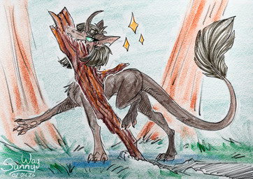 bite claws fangs female feral fluffy forest fur fya holidays horn open_mouth paws plant silly stick teeth tree wet sunny_way april_fools'_day ki'rinaes hi_res
