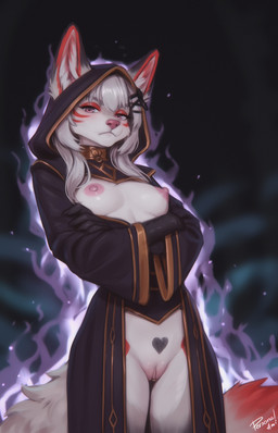 anthro areola biped breasts clitoral_hood clitoral_hood_piercing clitoris cloak clothed clothed_anthro clothed_female clothing exposed_breasts exposed_chest exposed_crotch female female_anthro front_view fur genital_piercing genitals hair hch_piercing humanoid_genitalia humanoid_vulva ineffective_clothing inner_ear_fluff looking_at_viewer nipples piercing solo standing tail tuft vulva white_body white_fur white_hair white_tail personalami luna_voss canid canine fox mammal 2025 digital_drawing_(artwork) digital_media_(artwork) hi_res