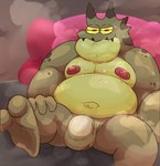 anthro belly big_belly bodily_fluids bulge feet green_body male moobs musk musk_clouds nipples overweight overweight_male sitting solo sweat haxsmack amphibia_(series) disney barrel_the_brave amphibian frog 2022 hi_res