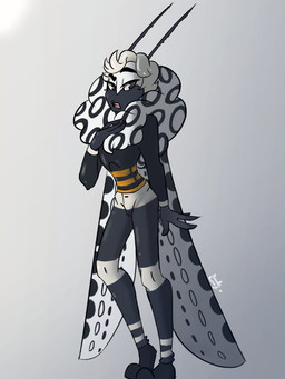 antennae_(anatomy) anthro biped clothed clothed_anthro clothing hair insect_wings looking_at_viewer male markings pose slim solo spots spotted_body standing white_hair wings doodlebunnyart idolomantises arthropod insect lepidopteran moth digital_drawing_(artwork) digital_media_(artwork) full-length_portrait portrait shaded simple_shading
