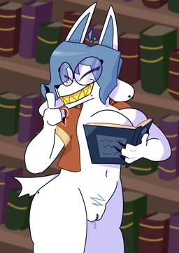 book breast_squish breasts clothing ear_piercing eyewear female genitals glasses jacket library markings mole_(marking) navel piercing pubes sharp_teeth short_tail solo squish tail teeth teeth_tem topwear vulva white_body yellow_teeth poundfulpanda undertale undertale_(series) temmie_(undertale) humanoid tem