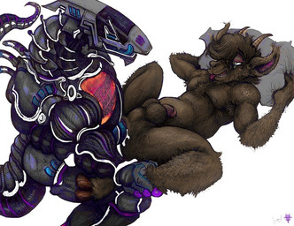 abdominal_bulge anal anthro bodily_fluids cum cum_in_ass cum_inside cybernetics duo from_front_position fucked_silly genital_fluids lying machine male male/male missionary_position on_back sex tail tongue tongue_out yagi_b._(artist) bovid caprine goat mammal robot synth_(vader-san) character_request