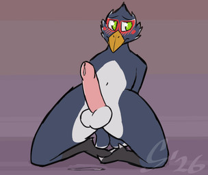 anthro blush bodily_fluids genital_fluids genitals humanoid_genitalia humanoid_penis kneeling looking_away male nude penis precum precum_on_ground solo throbbing throbbing_penis sombird breath_of_the_wild nintendo the_legend_of_zelda revali avian rito animated