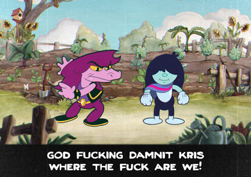 4_fingers anthro bracelet clothed clothing dialogue duo female fingers gloves hair handwear humor jewelry male outside parody profanity purple_hair screencap screencap_background spiked_bracelet spikes style_emulation text toony tomasinkwell cuphead_(game) deltarune kris_where_are_we undertale_(series) kris_dreemurr susie_(deltarune) dinosaur human mammal prehistoric_species reptile scalie 2021 absurd_res english_text hi_res meme