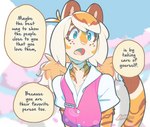 advice anthro clothed clothing cloud dialogue female freckles fur low-angle_view name_tag open_mouth pink_nose shirt sky solo striped_body striped_fur stripes text topwear twintails_(hairstyle) luxar92 pancake_(luxar92) felid mammal pantherine tiger 2022 english_text hi_res