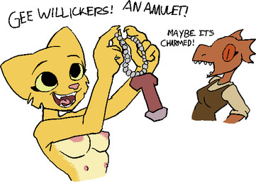 anthro breasts clothing duo female fur holding_object jewelry multi_nipple necklace nipples nude open_mouth pendant sharp_teeth simple_background smile teeth white_background yellow_body yellow_fur general_proton bethesda_game_studios microsoft oblivion prequel_adventure the_elder_scrolls katia_managan quill-weave argonian felid feline khajiit mammal reptile scalie 2025 digital_media_(artwork)