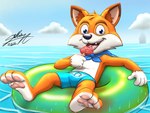 anthro biped blue_clothing blue_swimming_trunks blue_swimwear candy cape clothed clothing cloud dessert floatie food holding_candy holding_food holding_lollipop holding_object inflatable lollipop male open_mouth plantigrade sky solo summer swimming_trunks swimwear tongue tongue_out underpaw sagadreams lucky's_tale_(series) playful_corp. lucky_swiftail canid canine fox mammal 2022 4:3 digital_media_(artwork) hi_res signature