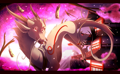 detailed_background feral fur horn looking_at_viewer smile solo tail teeth white_body white_fur skaydie asian_mythology east_asian_mythology mythology dragon eastern_dragon mythological_creature mythological_scalie scalie 2015 digital_media_(artwork) hi_res letterbox