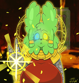 3_fingers anthro anthrofied armor aura bangs blurred_background bracers clothed clothing curled_fur eyelashes female fingers fur glowing glowing_eyes gold_(metal) gold_jewelry green_body heterochromia jewelry red_clothing solo jizothewanderer monster_energy rain_world videocult saint_(rain_world) slugcat absurd_res hi_res meme