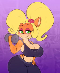 accessory anthro athletic_wear big_breasts big_butt blonde_hair bodily_fluids bra breasts butt cleavage clothed clothing dumbbell exercise eyeshadow female flower flower_in_hair green_eyes gym hair hair_accessory hand_on_hip huge_breasts huge_hips huge_thighs makeup midriff pink_eyeshadow plant ponytail pose solo sports_bra sweat thick_thighs thong thong_straps tight_clothing underwear weights wide_hips workout cocomania activision crash_bandicoot_(series) coco_bandicoot bandicoot mammal marsupial 2020 5:6 absurd_res hi_res