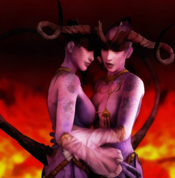 duo female hell horn looking_at_viewer not_furry tail unknown_artist bioware dragon_age electronic_arts demon desire_demon humanoid