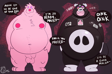 anthro balls barazoku barcode belly big_balls big_belly biped bodily_fluids bodysuit brainwashing clothed clothing corruption costume dialogue drone dronification flaccid foreskin fur genitals humanoid_genitalia humanoid_penis hypnosis male mind_control nipples nude overweight penis pig_costume ringed_eyes simple_background skinsuit smile solo speech_bubble submissive submissive_male sweat text tight_clothing unretracted_foreskin grizzlyear34 bruce_(grizzlyear34) mammal 2024 digital_media_(artwork) english_text hi_res sequence signature