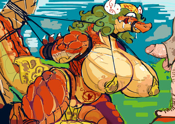 anthro areola areola_slip bottomwear bound clothing duo female genitals hands_behind_back human_on_anthro interspecies kneeling loincloth male male/female male_human markings nipple_slip nipples penis small_bikini vulva tagxo veoro_(tagxo) crocodilian cyclops human mammal reptile scalie hi_res
