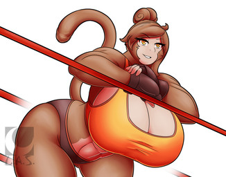 anthro bent_over big_breasts breasts brown_body brown_fur cleavage clothed clothing female fur huge_breasts solo thick_thighs lunisnightwind haplorhine mammal monkey primate