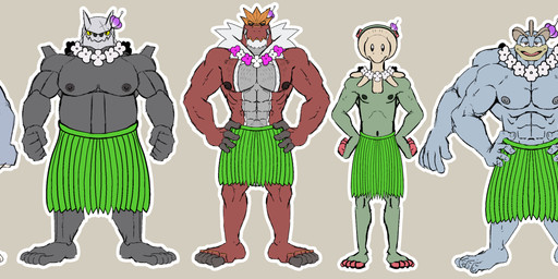 4_toes 5_toes abs anthro barefoot belly body_hair chest_hair clothed clothing costume erect_nipples feet flower_on_head grass_skirt green_body green_scales group hands_on_hips hula_dancer lei male male/male mature_male musclegut muscular muscular_male nipples red_body red_scales scales simple_background toes topless topless_male twunk hunter-husky nintendo pokemon anton_o'moore curtis_sara_taylor herbert_gillespie raymond_davis trenton_liddle aggron breloom fossil_pokemon generation_1_pokemon generation_3_pokemon generation_6_pokemon machamp pokemon_(species) rhyhorn tyrantrum flat_colors hi_res monochrome