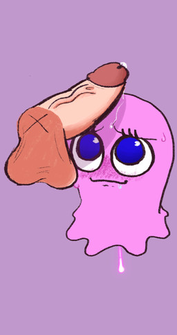 balls big_penis blue_eyes blush blush_lines bodily_fluids closed_smile disembodied_penis dripping duo eyebrows eyelashes female genital_fluids genitals glistening glistening_eyes humanoid_genitalia humanoid_penis male mouth_closed not_furry penis penis_on_head purple_background simple_background smile solo_focus sweat sweatdrop vaginal_fluid_drip vaginal_fluids thexogasm bandai_namco pac-man_(series) pinky_(pac-man) ghost spirit hi_res
