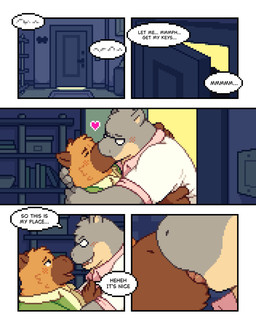 anthro blush brown_body brown_fur clothed clothing dialogue duo french_kissing fur heart_symbol inside kissing male male/male open_mouth overweight overweight_anthro overweight_male smile speech_bubble text tongue conditional_dnp mabit gabe_(mabit) manny_(mabit) capybara caviid common_hippopotamus hippopotamid mammal rodent 2026 comic digital_media_(artwork) english_text hi_res pixel_(artwork)
