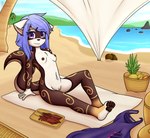 anthro beach female food fruit genitals nude pawpads paws plant public public_nudity pussy sand sea sitting solo towel water young dream_mirage mammal mustelid otter absurd_res hi_res