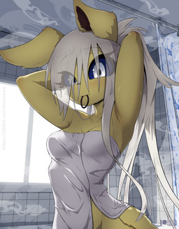 anthro biped breasts eyelashes female fur hair long_hair pupils solo towel towel_only yellow_body rilex_lenov nintendo pokemon eeveelution generation_1_pokemon jolteon pokemon_(species) hi_res