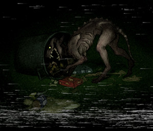 ambiguous_gender analog_horror bald camera_view darkness emaciated feral glowing glowing_eyes hairless looking_at_viewer night open_mouth recording_video sharp_teeth skinny solo static teeth trash trash_can wintercourtart mythology canid canine mammal mythological_canine mythological_creature werecanid werecanine werecreature werewolf hi_res