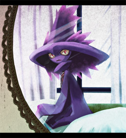 ambiguous_gender bed clothing furniture looking_at_mirror looking_at_object mirror necktie open_mouth red_eyes reflection scared sitting solo suit wide_eyed 紫乃宮 nintendo pokemon generation_4_pokemon ghost mismagius pokemon_(species) spirit