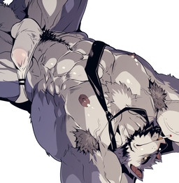 abs anthro areola armpit_hair balls_outline beard blue_body blue_fur body_hair bulge cigarette cigarette_in_mouth clothing detailed_bulge facial_hair fur genital_outline hands_behind_head male muscular muscular_anthro muscular_male necktie nipples object_in_mouth pecs penis_outline simple_background solo underwear vein white_background white_body white_clothing white_fur white_underwear rybiok canid canine canis mammal hi_res
