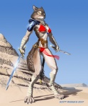 anthro armor belt bikini black_nose blue_sky bottomwear breasts breechcloth chest_tuft claws clothed clothing dagger desert digitigrade female fur grey_body grey_fur horizon leather loincloth mane melee_weapon outside pauldron pose rock skimpy sky solo swimwear sword tail tuft two-piece_swimsuit unconvincing_armor warrior weapon white_body white_fur wraps yellow_eyes scott_ruggels asheru_(setting) asheru canid canine canis mammal wolf 2007 signature