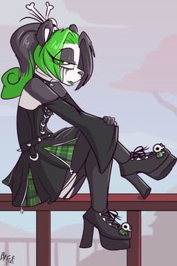 accessory alternative_fashion anthro biped black_body black_clothing black_dress black_footwear black_hair black_high_heels black_legwear black_nose black_sleeves black_stockings clothed clothing collar cute_fangs dress fangs female footwear goth green_hair hair hair_accessory half-closed_eyes high_heels legwear looking_at_viewer makeup mascara multicolored_body multicolored_hair narrowed_eyes ponytail running_makeup running_mascara shoes side_view sitting skull_accessory sleeves solo spiked_collar spikes stockings teeth torn_clothing torn_legwear torn_stockings two_tone_body two_tone_hair white_body fuf bear giant_panda mammal 2019 2:3 hi_res