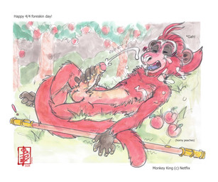 anthro bodily_fluids cum cumshot ejaculation food foreskin fruit genital_fluids genitals male masturbation nude peach_(fruit) penis plant ruyi_jingu_bang sentient_artifact sentient_weapon solo text fennec_(artist) journey_to_the_west netflix the_monkey_king_(netflix) sun_wukong haplorhine mammal monkey primate english_text