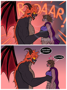 anthro beard biceps black_sclera bodily_fluids border clothed clothed/nude clothing countershade_neck countershade_torso countershading dark_body dialogue duo empty_eyes facial_hair female glowing glowing_eyes hair horn macro male male/female membrane_(anatomy) membranous_wings muscular muscular_arms muscular_male nude open_mouth orange_hair pecs roaring saliva sharp_teeth simple_background size_difference smile teeth text white_border wings kimero_kat european_mythology mythology lord_dunkelheit demon dragon mythological_creature mythological_scalie reptile scalie snake western_dragon comic digital_drawing_(artwork) digital_media_(artwork) flat_colors hi_res spanish_text