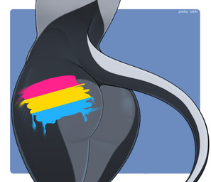 anthro black_body butt lgbt_pride pansexual_pride_colors pride_color_flag pride_colors solo evangelina_pinku lgbt_pride_month mira_mercer_(cleozero) acrador canid canine canis jackal mammal absurd_res digital_drawing_(artwork) digital_media_(artwork) digital_painting_(artwork) hi_res painting_(artwork)