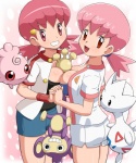 5:6 accessory aipom annotated between_breasts bottomwear breast_squish breasts breasts_frottage cleavage clothed clothing comparison dual_persona female female/female feral generation_2_pokemon grin group gym_leader hair hair_accessory hand_holding human human_focus igglybuff large_group looking_at_viewer looking_back mammal medium_breasts nintendo not_furry_focus partially_clothed pigtails pink_eyes pink_hair pokemoa pokemon pokemon_(species) portrait red_eyes rubber_band short_twintails shorts simple_background smile square_crossover squish tail tail_hand three-quarter_portrait togetic unbuttoned unusual_anatomy unusual_tail whitney_(pokemon) wristband