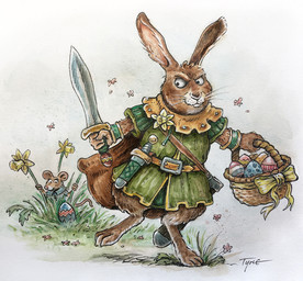 3_toes angry anthro biped brown_body brown_fur clothed clothing duo easter_egg feet flower fur holidays melee_weapon plant size_difference sword toes weapon tyrie easter easter_bunny lagomorph leporid mammal mouse murid murine rabbit rodent 2026