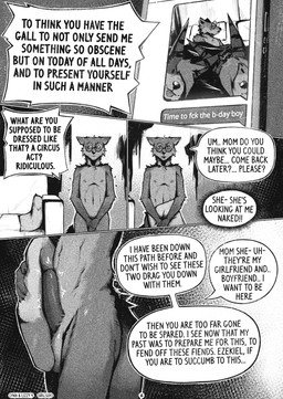 anthro dialogue electronics erection eyewear female genitals glasses male nude penis phone text arcsuh lizzy_(arcsuh) lynn_(arcsuh) zeek_(arcsuh) mammal procyonid raccoon absurd_res comic english_text hi_res monochrome