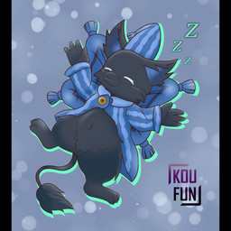 3_toes 4_fingers ambiguous_gender anthro barefoot beak biped bird's-eye_view black_beak black_body black_fur black_tail black_tail_tuft blue_clothing blue_hat blue_headgear blue_headwear blue_inner_ear blue_pajamas blue_topwear blush blush_lines bottomless bottomless_ambiguous bottomless_anthro claws clothed clothed_ambiguous clothed_anthro clothing eyes_closed featureless_crotch feet fingers fur hat head_on_pillow headgear headwear high-angle_view hindpaw lying navel nightcap on_back on_pillow open_beak open_clothing open_mouth open_topwear pajamas pattern_clothing pattern_hat pattern_headgear pattern_headwear pattern_pajamas pattern_topwear paws pillow semi-anthro simple_background sleeping sleepwear small_claws solo sound_effects spread_arms spread_eagle spread_legs spreading striped_clothing striped_hat striped_headgear striped_headwear striped_pajamas striped_topwear stripes tail tail_tuft toe_claws toes topwear tuft vowelless vowelless_sound_effect young young_ambiguous young_anthro zzz koufun deadlock_(game) mythology valve rem_(deadlock) avian bird chimera dream_creature gryphon mythological_avian mythological_creature owl 1:1 2026 absurd_res digital_media_(artwork) hi_res