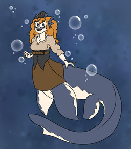 belt beret bubble clothed clothing corset dress female fin flippers hair hat head_fin headgear headwear lingerie long_hair orange_hair shirt solo split_form tail teeth tooth_gap topwear kosmokitty animal_humanoid aquatic aquatic_taur humanoid loch_ness_monster merfolk reptile reptile_humanoid scalie scalie_humanoid taur absurd_res hi_res