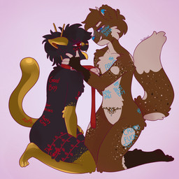 3_toes 4_fingers anthro arm_tuft bangs belly_tattoo bent_leg black_body black_fur black_hair black_inner_ear_fluff black_spots blue_inner_ear blue_nose blush blush_lines body_writing brown_body brown_ears brown_fur brown_hair brown_inner_ear_fluff brown_tail butt chest_tuft collar collar_only dominant dominant_anthro dominant_male duo elbow_tuft eyebrow_through_hair eyebrows fangs feet fingers fluffy fluffy_tail fur fur_tattoo hair hand_on_face holding_leash holding_object inner_ear_fluff kneeling leash leashed_collar leg_tattoo light male male/male markings multicolored_body multicolored_fur multicolored_tail narrowed_eyes nude nude_anthro nude_male open_mouth open_smile profanity purple_background purple_line_art red_collar red_eyes short_hair simple_background slim_anthro slim_male smile smiling_at_another smiling_at_each_other spots spotted_body spotted_fur spotted_markings spotted_tail squint submissive submissive_anthro submissive_male tail tail_markings tattoo teeth toes tongue tongue_out toothy_grin translucent translucent_hair tuft white_body white_eyebrows white_fingers white_fur white_spots yellow_nose yellow_teeth yellow_tongue suzeart domestic_cat felid feline felis mammal 1:1 2025 colored colored_line_art digital_drawing_(artwork) digital_media_(artwork) hi_res lighting shaded
