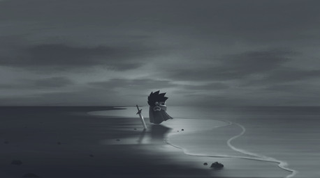 1_eye ambiguous_gender armless beach black_hair cloud cloudy_sky detailed_background hair legless levitation melee_weapon sea side_view sky solo sword sword_in_ground visor water weapon 5health kirby's_dream_land_2 kirby_(series) nintendo dark_matter_swordsman humanoid waddling_head 2021 digital_drawing_(artwork) digital_media_(artwork) hi_res japanese_description monochrome