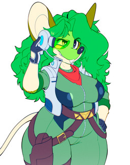 anthro belly big_breasts big_ears breasts buckteeth clothed clothing cosplay electronics female fully_clothed fur gloves green_body green_fur green_hair hair handwear headgear headphones headset kerchief neckerchief neckwear scouter shortstack shortstack_female slightly_chubby slightly_chubby_anthro slightly_chubby_female smile solo teeth topwear vest wide_hips spongebandimark nintendo star_fox reevie_(reevierat) mammal murid murine rat rodent hi_res